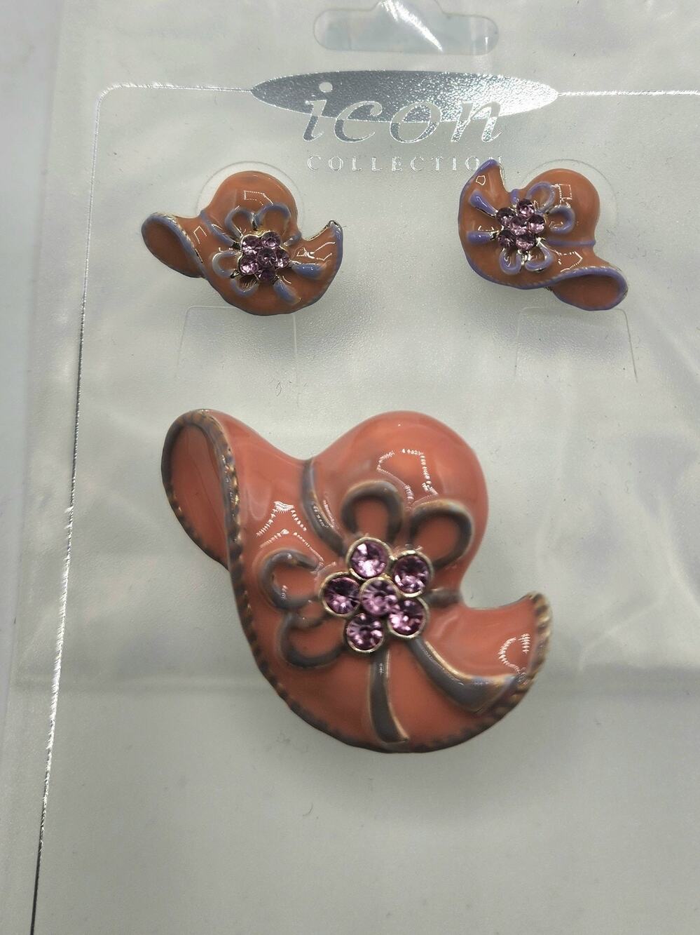 Pastel Pink Peach Enamel Kentucky Derby Hat Brooch & Earring Set Rhinestones